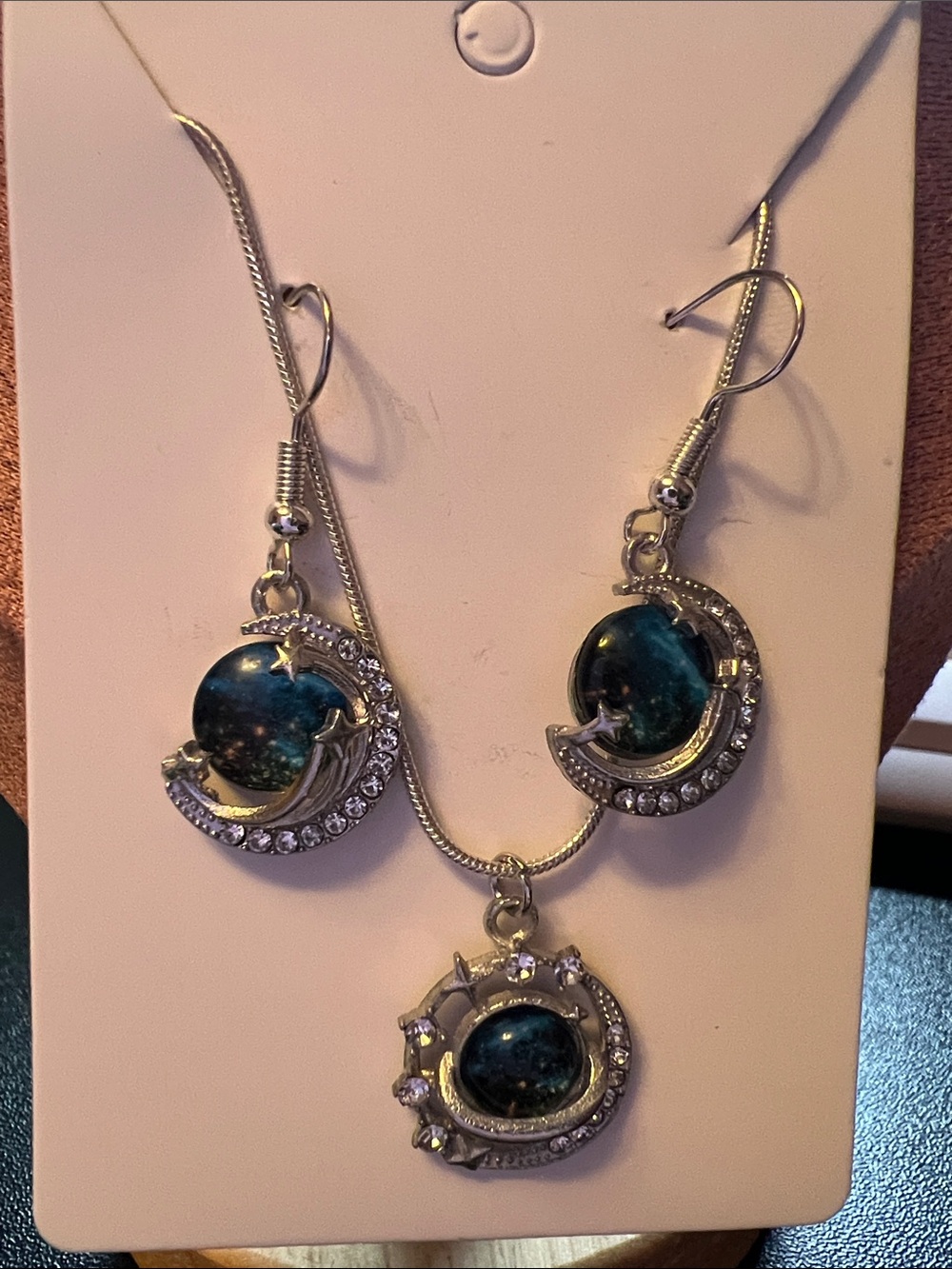 Silver Moon & Blue Stone Necklace and Earring Set